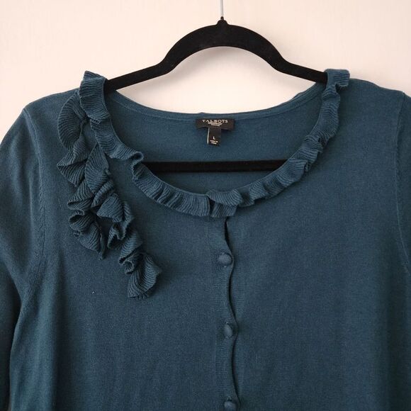 Talbots Petites teal blue light weight silk blend button front cardigan size LP - Picture 2 of 6